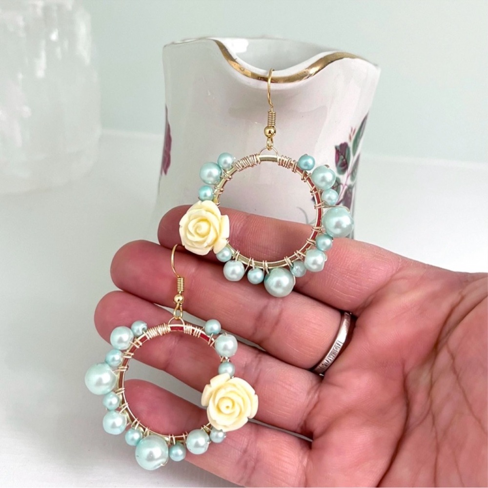Handcrafted Shabby Chic Pearl and Rose Hoop Earrings